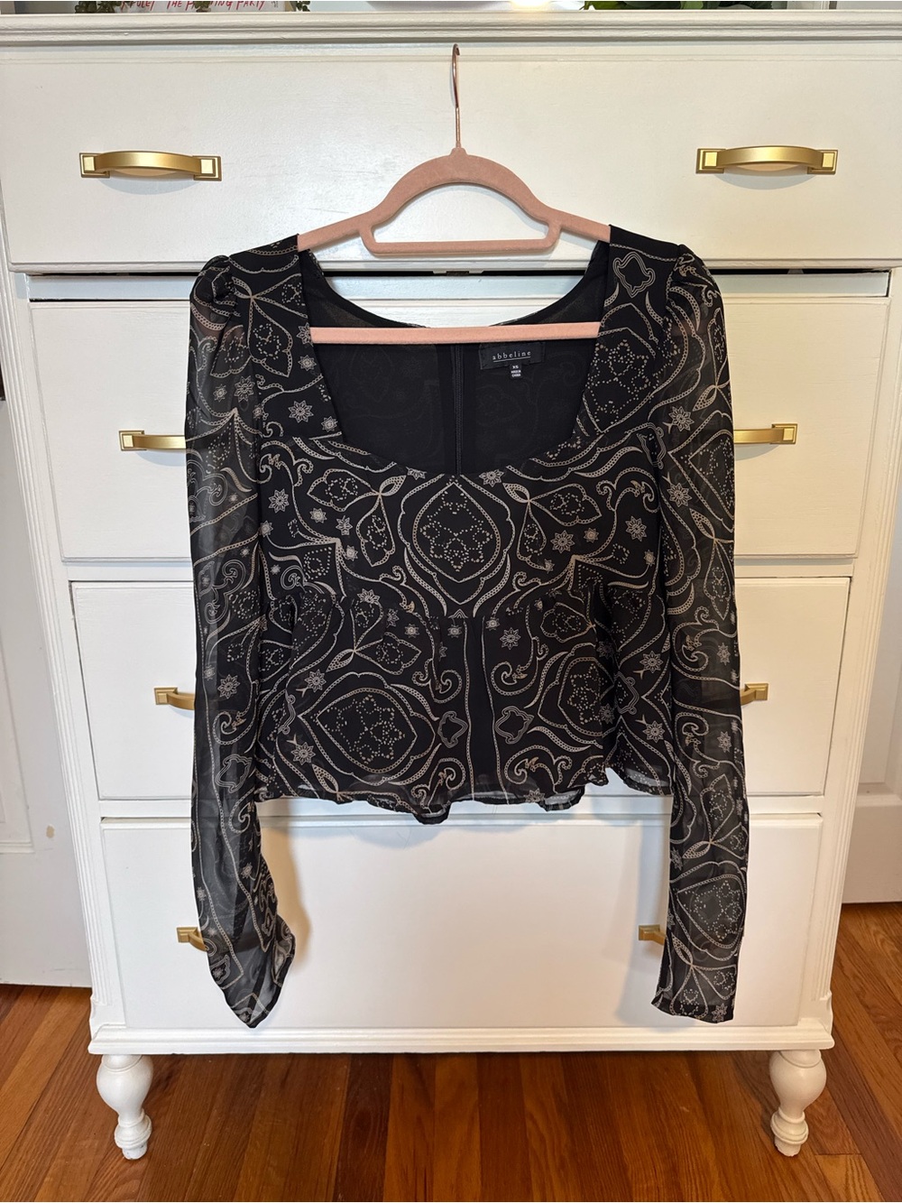 Abbeline Black Sheer Printed Blouse Size XS 🖤✨